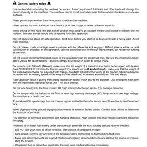May include: A page from a manual titled "Safety rules" with text about operating machinery safely. The text includes warnings about slopes, speed, and potential hazards like high-intensity discharge lamps and hydraulic leaks.