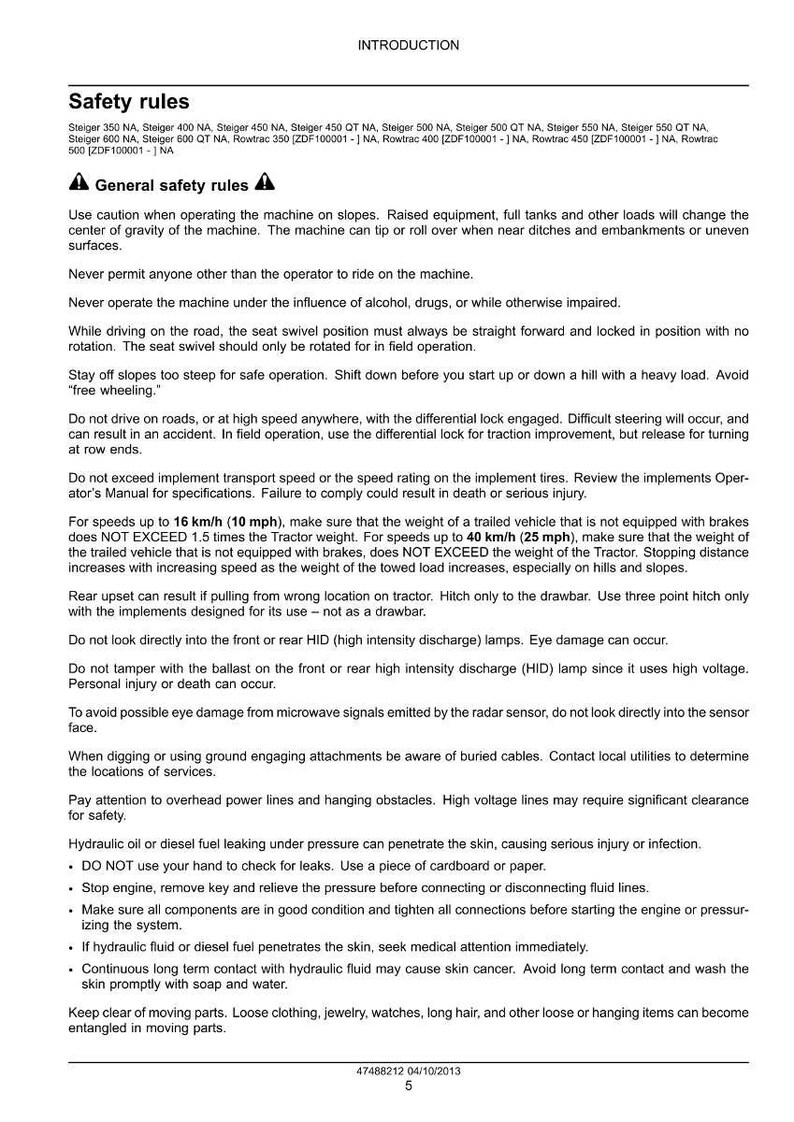 May include: A page from a manual titled "Safety rules" with text about operating machinery safely. The text includes warnings about slopes, speed, and potential hazards like high-intensity discharge lamps and hydraulic leaks.