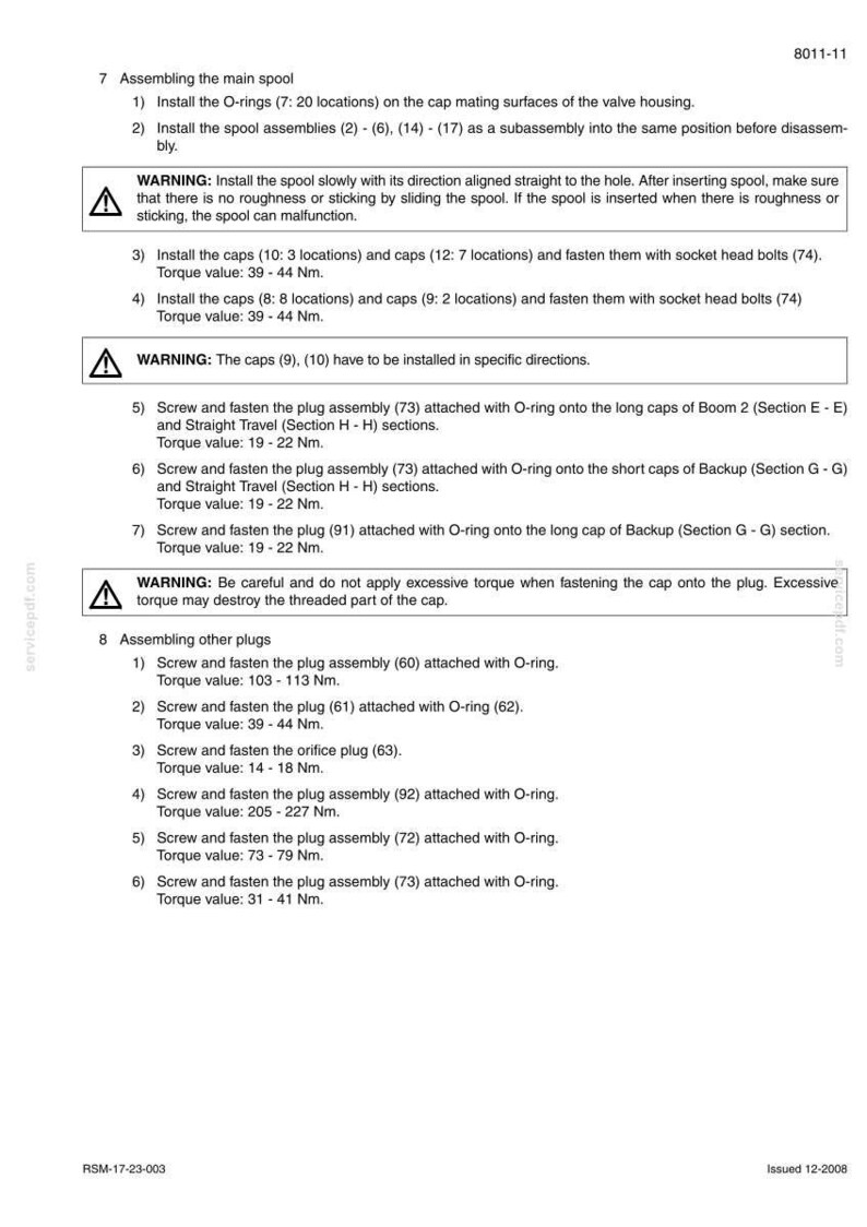 May include: A detailed technical diagram with numbered steps for assembling a spool and other plugs. Includes warnings about proper installation and torque values in Newton meters (Nm).