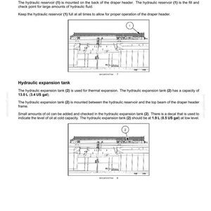 May include: Diagram of hydraulic system components, including a reservoir (1) with a capacity of 23.8 US gallons and an expansion tank (2) with a capacity of 3.4 US gallons. The diagram includes labels and arrows.