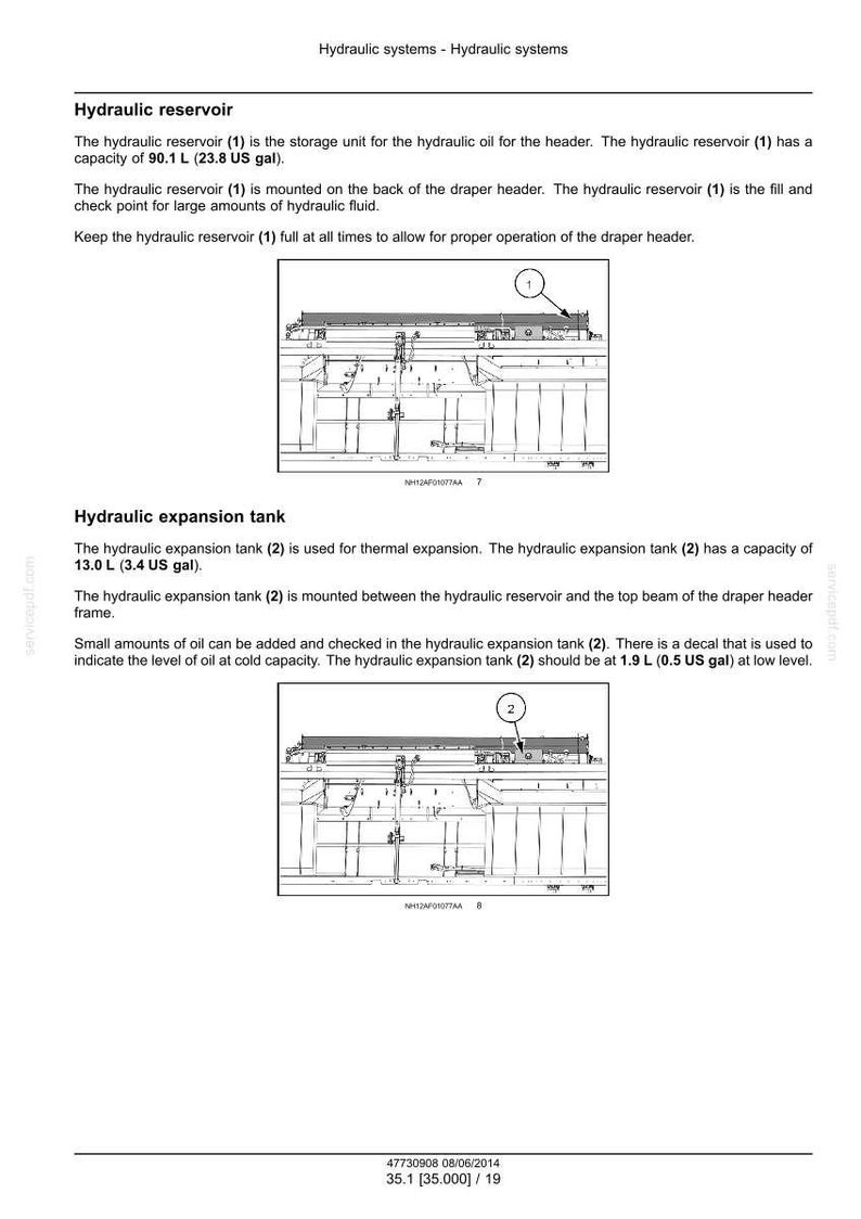 May include: Diagram of hydraulic system components, including a reservoir (1) with a capacity of 23.8 US gallons and an expansion tank (2) with a capacity of 3.4 US gallons. The diagram includes labels and arrows.