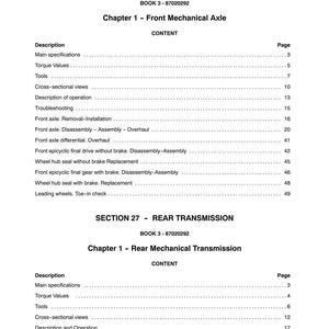 Puede incluir: Una p&aacute;gina de manual con los t&iacute;tulos "SECTION 25 - MFD AXLE" y "SECTION 27 - REAR TRANSMISSION". El contenido incluye una tabla de contenidos con descripciones como "Main specifications" y "Torque Values".