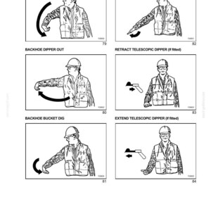 May include: A series of black and white illustrations depicting backhoe operation and safety instructions. Each image shows a person in a hard hat and safety vest demonstrating different actions with arrows indicating movement. Text includes "Backhoe Dipper In," "Backhoe Bucket Dump," and more.