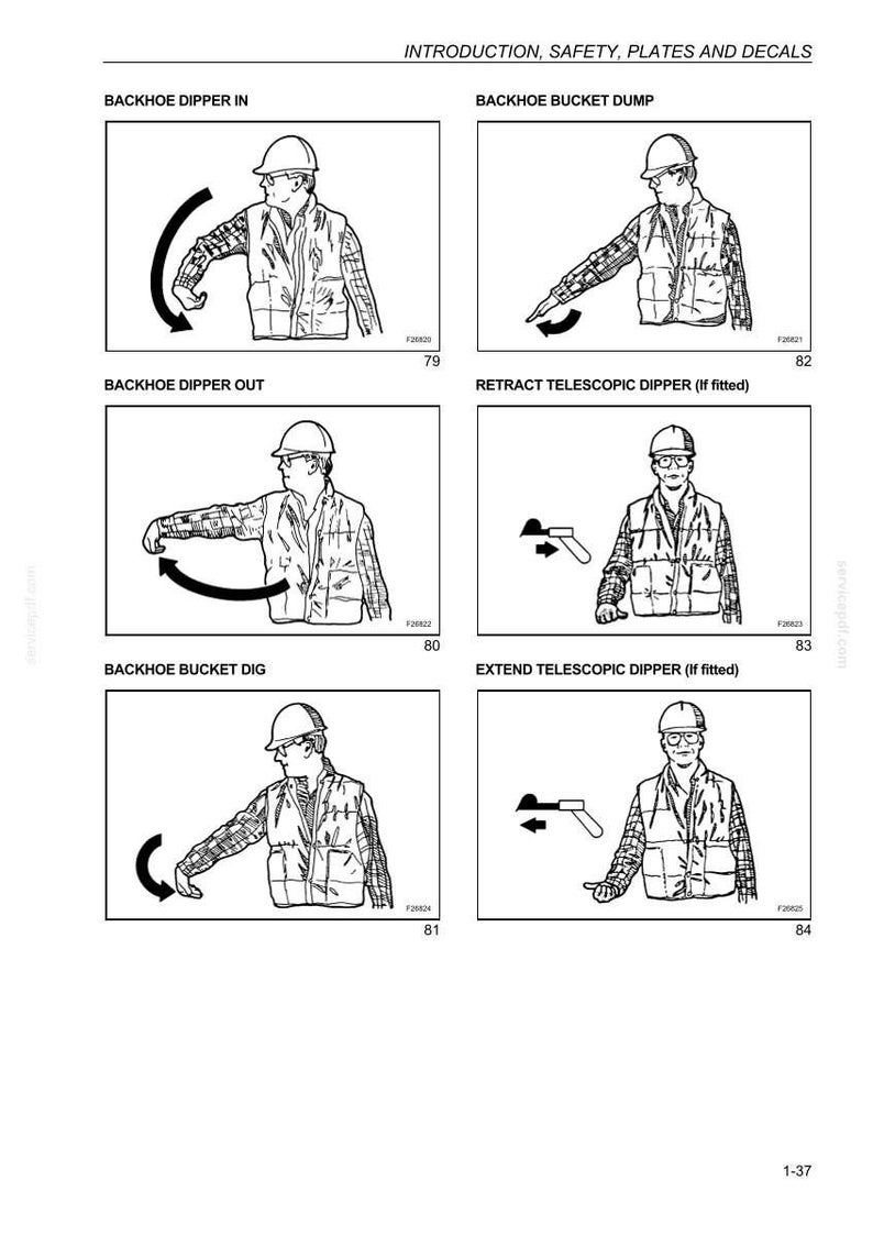 May include: A series of black and white illustrations depicting backhoe operation and safety instructions. Each image shows a person in a hard hat and safety vest demonstrating different actions with arrows indicating movement. Text includes "Backhoe Dipper In," "Backhoe Bucket Dump," and more.