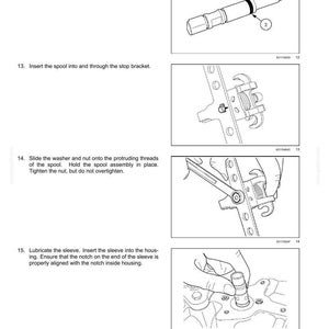 May include: Diagram of hydrostatic drive pump and motor components. Includes illustrations of a spool with O-rings, a stop bracket, a washer and nut, and a sleeve being inserted into a housing. Text instructions accompany each step.