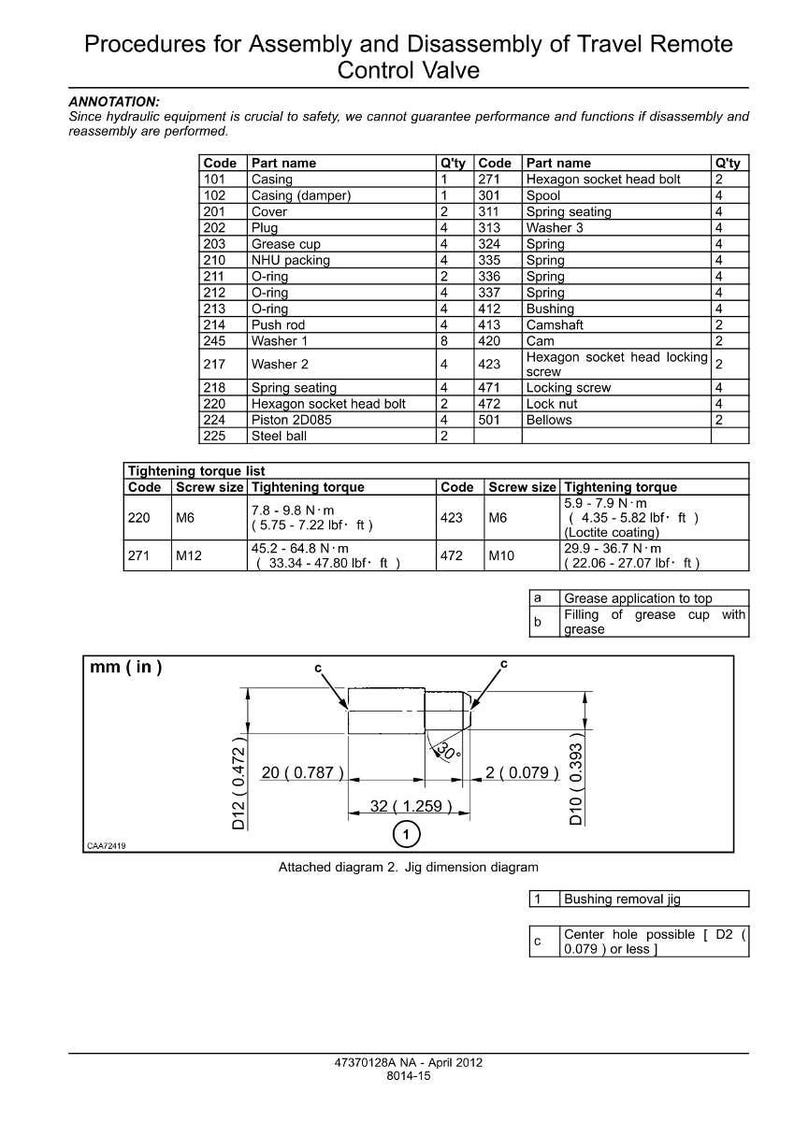 May include: Diagram of procedures for assembly and disassembly of a travel remote control valve. Includes a parts list, tightening torque list, and a jig dimension diagram with measurements in inches. The diagram also includes annotations and a bushing removal jig.