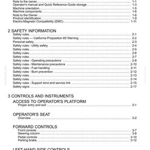 May include: A page from a manual titled "Contents" with a list of topics including "General Information," "Safety Information," and "Controls and Instruments." The text is black on a white background.