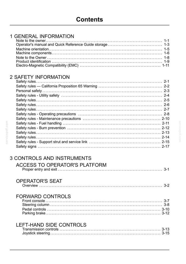 May include: A page from a manual titled "Contents" with a list of topics including "General Information," "Safety Information," and "Controls and Instruments." The text is black on a white background.