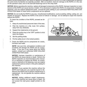 以下が含まれることがあります： 7-MAINTENANCE, Checking for damage to the ROPS structureというタイトルの技術マニュアルページ。安全上の注意、ROPS構造を点検するための番号付きリスト、およびニューホランド製ローダーの白黒線画が含まれています。