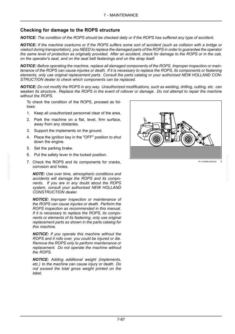 以下が含まれることがあります： 7-MAINTENANCE, Checking for damage to the ROPS structureというタイトルの技術マニュアルページ。安全上の注意、ROPS構造を点検するための番号付きリスト、およびニューホランド製ローダーの白黒線画が含まれています。