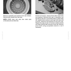 May include: Diagrams from a service manual detailing wheel and axle maintenance. Step 8 shows a wheel with bolts and washers. Step 9 illustrates removing bolts and a cap from the trunnion, with text instructions.