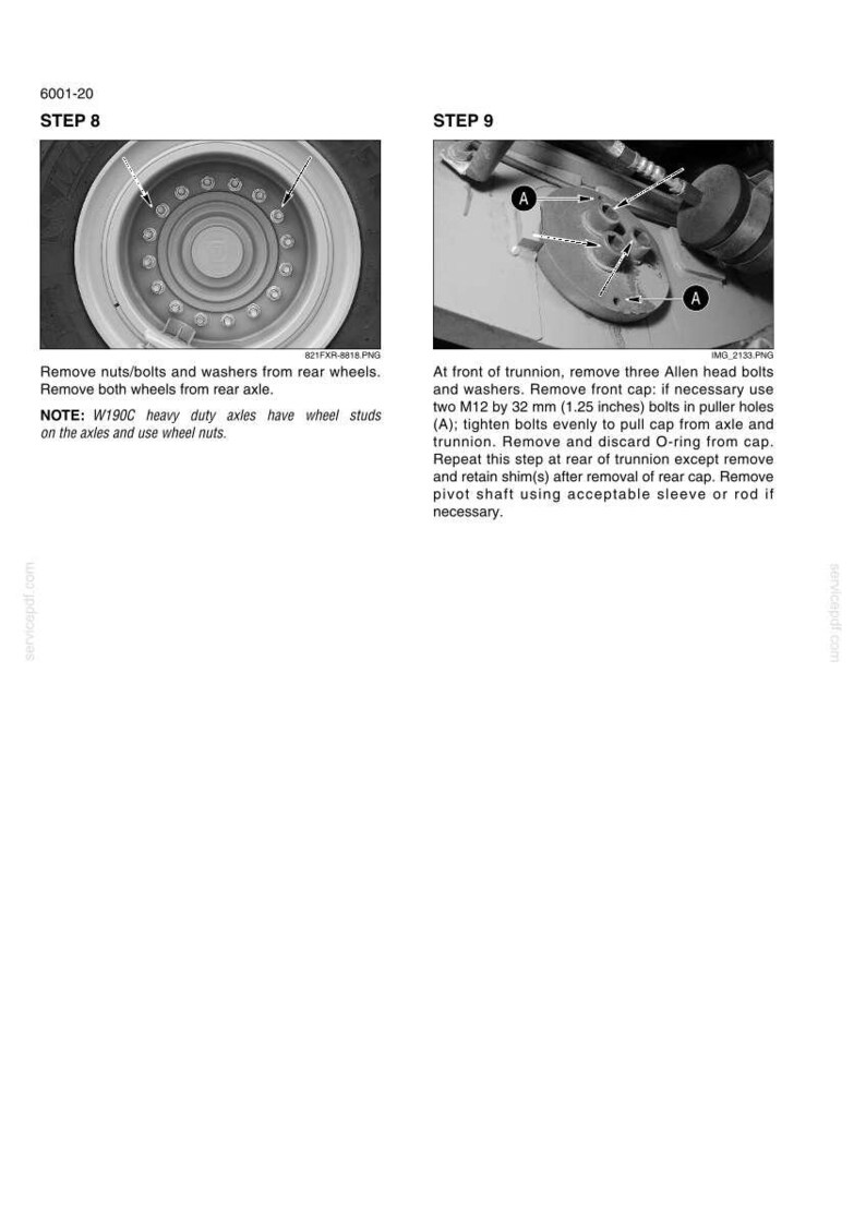 May include: Diagrams from a service manual detailing wheel and axle maintenance. Step 8 shows a wheel with bolts and washers. Step 9 illustrates removing bolts and a cap from the trunnion, with text instructions.