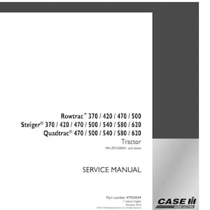 May include: A white service manual for Case IH tractors. The manual includes the Rowtrac, Steiger, and Quadtrac models. The text includes model numbers and the words "SERVICE MANUAL". The Case IH Agriculture logo is in the lower right corner.
