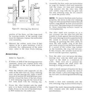 May include: Diagram of a bearing cup removal process, with labels for components like "Idler," "Bearing Cup," and "Special Tool." Includes text instructions for assembly and maintenance, with measurements in foot-pounds and inches.