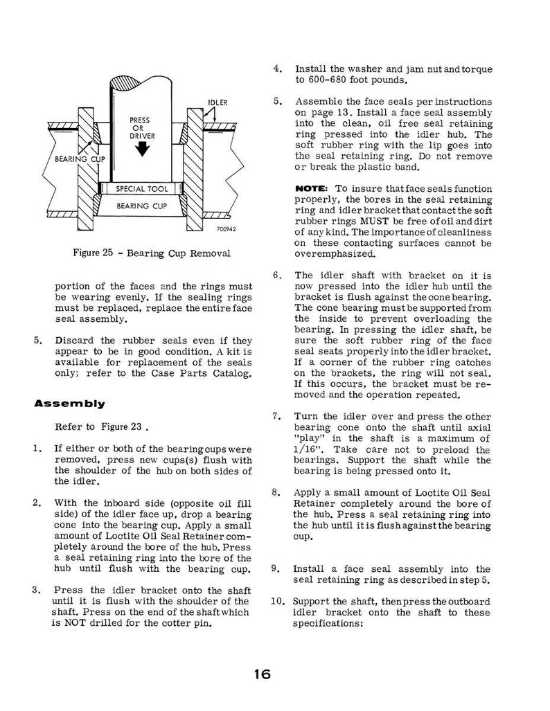 May include: Diagram of a bearing cup removal process, with labels for components like "Idler," "Bearing Cup," and "Special Tool." Includes text instructions for assembly and maintenance, with measurements in foot-pounds and inches.