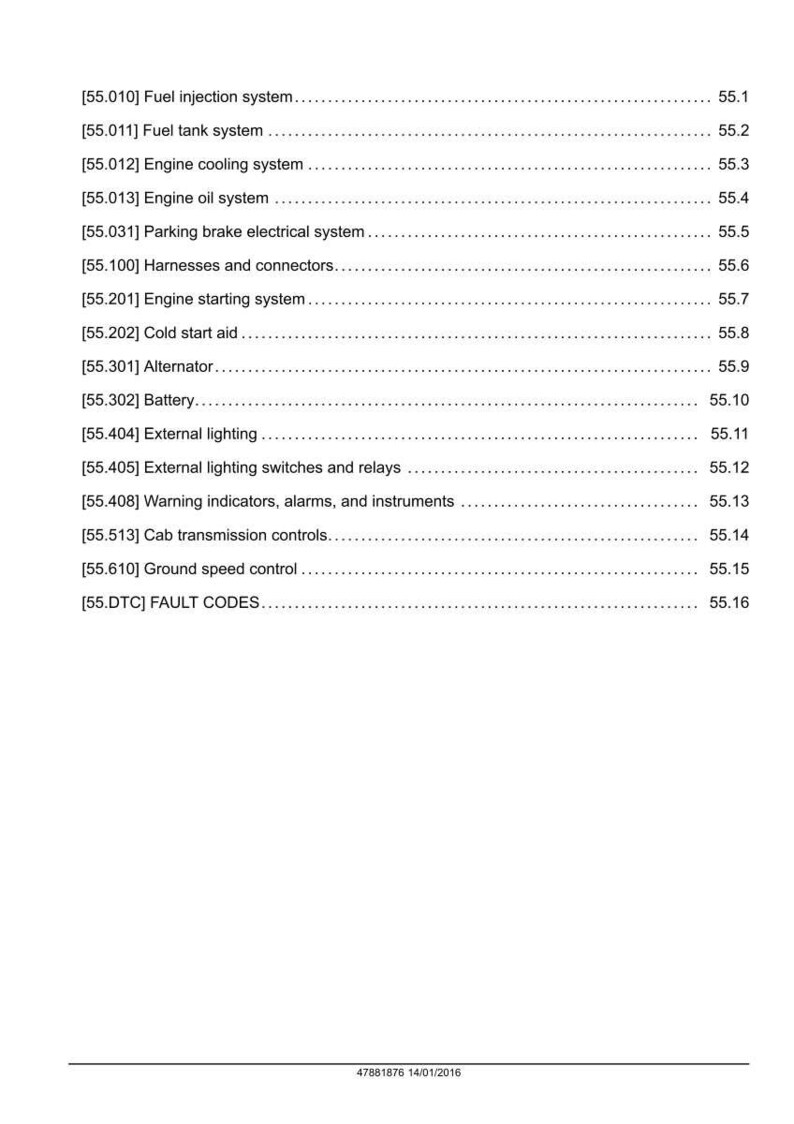 May include: A white page with a list of vehicle system components, including fuel injection, engine cooling, and electrical systems. Each item is followed by a page number. The document is dated 14/01/2016.