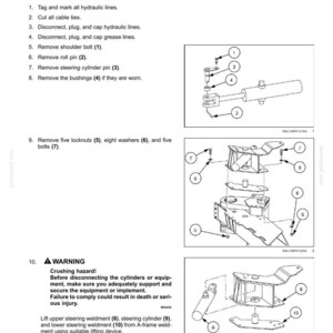 May include: Diagram illustrating the removal of a steering cylinder, with numbered steps and component details. Includes warnings about crushing hazards and safety measures. The image is a technical illustration.