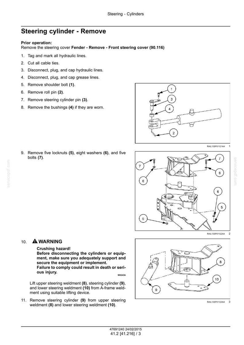 May include: Diagram illustrating the removal of a steering cylinder, with numbered steps and component details. Includes warnings about crushing hazards and safety measures. The image is a technical illustration.