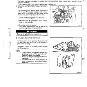 May include: A black and white technical manual page titled MAINTENANCE 50-HOUR (WEEKLY) INSPECTION AND MAINTENANCE. It includes text instructions for draining a water separator and greasing attachment pins, with two line-art diagrams of machinery.