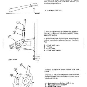 May include: Diagram of park lock cable and lever adjustment, with measurements in inches. Includes labeled parts: park lock cam, yoke, lock nut, and park lock cable. Text instructions are also included.