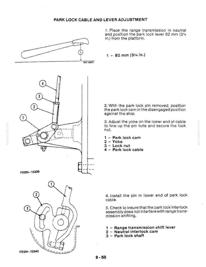 May include: Diagram of park lock cable and lever adjustment, with measurements in inches. Includes labeled parts: park lock cam, yoke, lock nut, and park lock cable. Text instructions are also included.