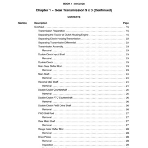 Pode incluir: Uma p&aacute;gina de um manual intitulada "SECTION 21 - GEAR TRANSMISSION". O &iacute;ndice lista t&oacute;picos como "Overhaul", "Transmission Preparation" e "Double Clutch Input Shaft". O n&uacute;mero da p&aacute;gina "13" est&aacute; na parte inferior.
