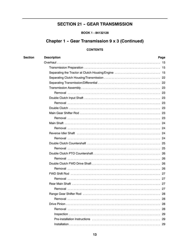Pode incluir: Uma p&aacute;gina de um manual intitulada "SECTION 21 - GEAR TRANSMISSION". O &iacute;ndice lista t&oacute;picos como "Overhaul", "Transmission Preparation" e "Double Clutch Input Shaft". O n&uacute;mero da p&aacute;gina "13" est&aacute; na parte inferior.