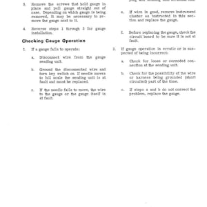 May include: A page from a manual with instructions for checking gauge operation. The text includes steps for troubleshooting, such as disconnecting wires, checking for loose connections, and replacing faulty components. The page is white with black text.