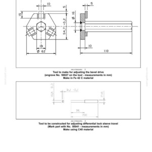 May include: Technical drawing of a rear axle system, featuring detailed diagrams with measurements in millimeters. Includes specifications for tools used in bevel drive and differential lock sleeve travel adjustments.