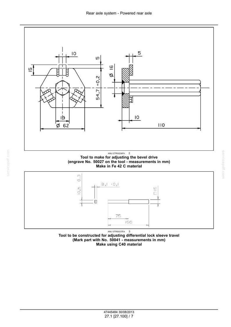 May include: Technical drawing of a rear axle system, featuring detailed diagrams with measurements in millimeters. Includes specifications for tools used in bevel drive and differential lock sleeve travel adjustments.