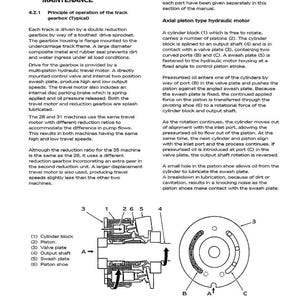 Pu&ograve; includere: Diagramma di un cambio cingolato con componenti etichettati: blocco cilindri, pistone, piastra valvole, albero di uscita, piastra oscillante e pattino del pistone. Include un'illustrazione dettagliata del motore idraulico a pistoni assiali.