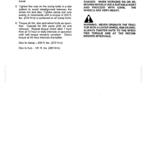 May include: A technical document page titled CONTROLS, INSTRUMENTS, AND OPERATION. It provides instructions for wheel assembly, including torque specifications of 200 ft. lbs. for clamp bolts and 191 ft. lbs. for disc to hub, plus safety warnings.