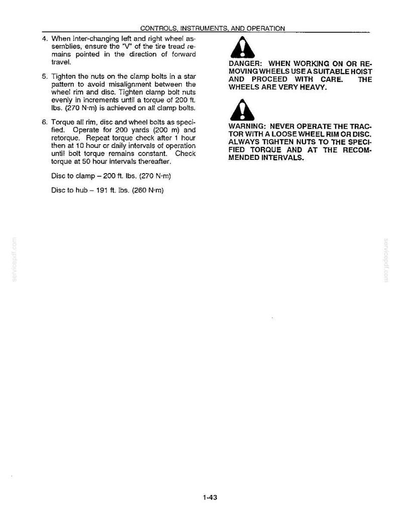 May include: A technical document page titled CONTROLS, INSTRUMENTS, AND OPERATION. It provides instructions for wheel assembly, including torque specifications of 200 ft. lbs. for clamp bolts and 191 ft. lbs. for disc to hub, plus safety warnings.