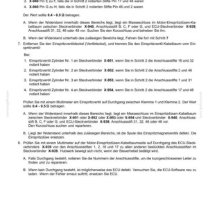 May include: A technical document titled Elektrische Anlagen - FEHLERCODES containing diagnostic instructions for electrical systems, specifically detailing pin connections for X-940, X-951, X-952, X-953, X-954, and X-939 connectors with resistance values of 0.4 - 0.5 ohms.