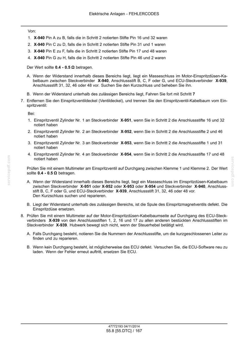 May include: A technical document titled Elektrische Anlagen - FEHLERCODES containing diagnostic instructions for electrical systems, specifically detailing pin connections for X-940, X-951, X-952, X-953, X-954, and X-939 connectors with resistance values of 0.4 - 0.5 ohms.