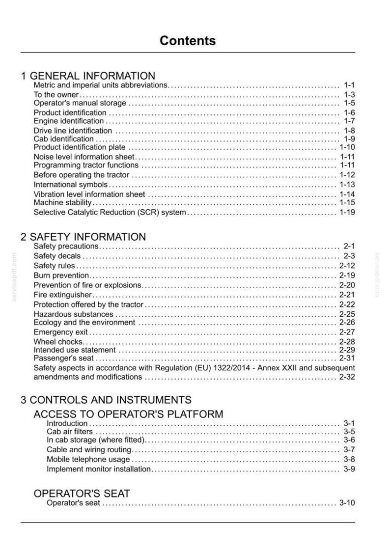 Pu&ograve; includere: Una pagina di indice in bianco e nero tratta da un manuale per l'operatore di un trattore. Il documento elenca sezioni tra cui Informazioni generali, Informazioni sulla sicurezza e Comandi e strumenti, con i relativi numeri di pagina.