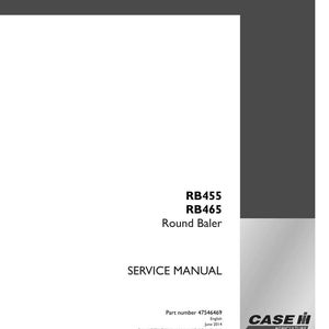 May include: A white service manual for a round baler, with the text "RB455 RB465 Round Baler SERVICE MANUAL". The manual includes the part number 47546469 and the Case IH Agriculture logo.
