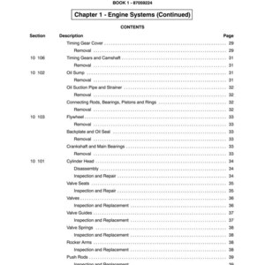 May include: A page from a manual titled "SECTION 10 - ENGINE" with a table of contents. The table lists engine components like "Timing Gear Cover," "Oil Sump," and "Cylinder Head," with corresponding page numbers. The book's title is "BOOK 1 - 87059224."