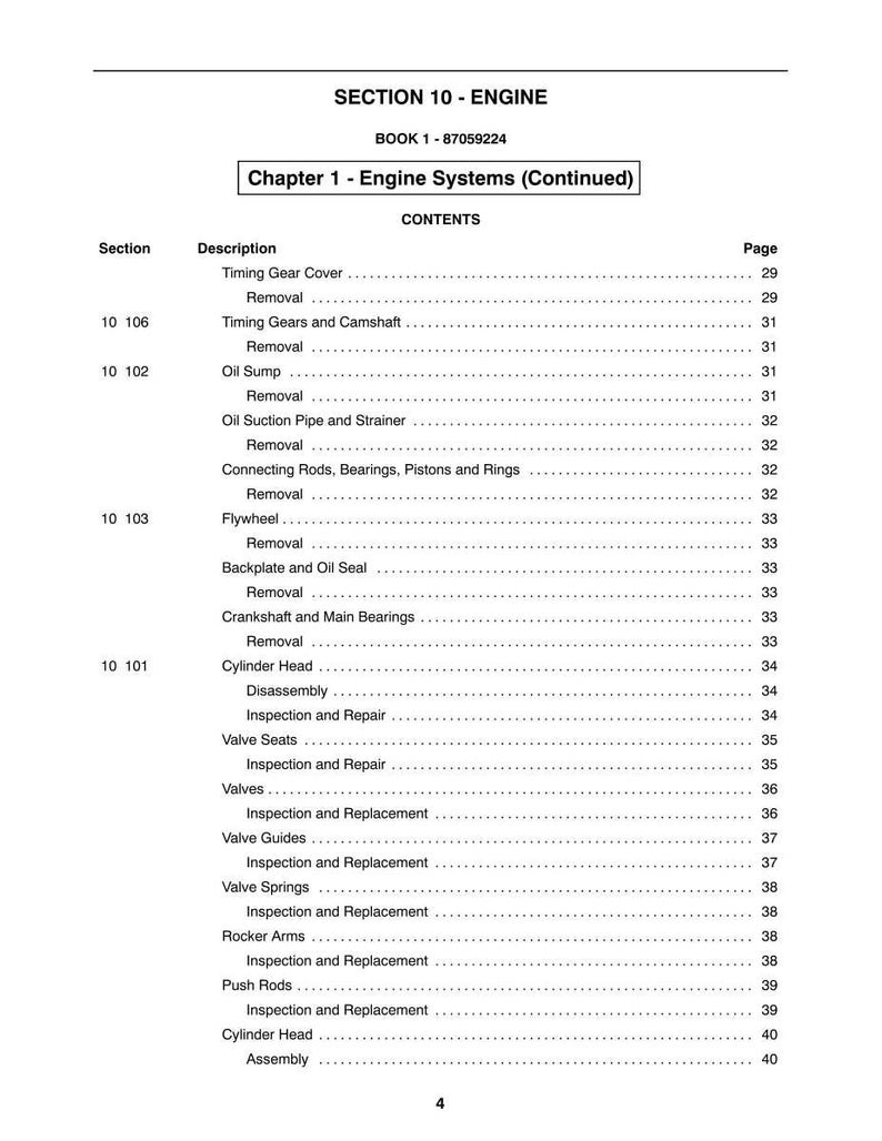 May include: A page from a manual titled "SECTION 10 - ENGINE" with a table of contents. The table lists engine components like "Timing Gear Cover," "Oil Sump," and "Cylinder Head," with corresponding page numbers. The book's title is "BOOK 1 - 87059224."