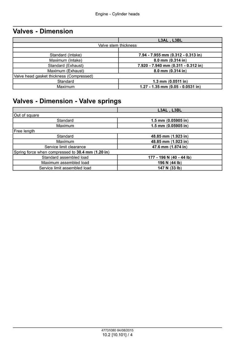 May include: A detailed table with measurements for engine cylinder heads, specifically valve dimensions and valve springs. Includes valve stem thickness, free length, and spring force, with measurements in inches and pounds.