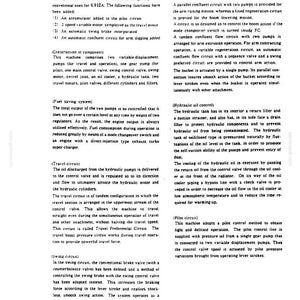 May include: A technical document page titled SECTION VI GENERAL INFORMATION 1. HYDRAULIC SYSTEM. The text details hydraulic circuits, fuel saving systems, travel circuits, swing circuits, attachment circuits, and hydraulic oil control for machinery.