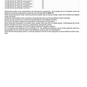 May include: A printed page with the title "Note to the Owner WARNINGS FOR AIR CONDITIONING SYSTEM REPAIR OPERATIONS." The text provides instructions for air conditioning system repair, including temperature guidelines and warnings about compressor oil.