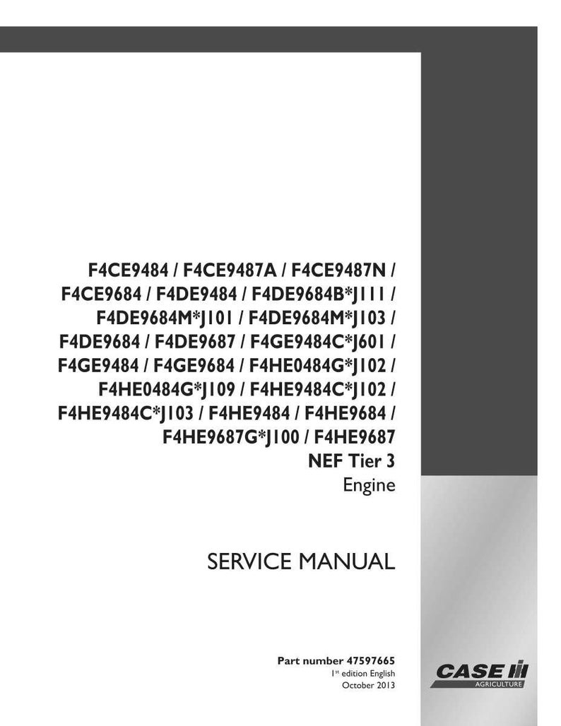 May include: A white and gray service manual for an engine, featuring a list of part numbers and the text "SERVICE MANUAL." The manual includes the text "NEF Tier 3 Engine" and the Case IH Agriculture logo.