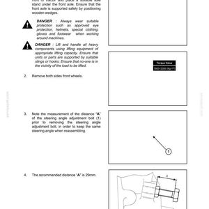May include: A page from a manual detailing front axle overhaul procedures. It includes safety warnings, diagrams, and instructions for tasks like removing wheels and measuring distances. The recommended distance "A" is 29mm, about 1.14 inches.