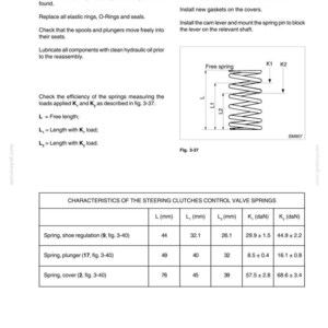 Pu&ograve; includere: Diagramma tecnico da un manuale che illustra frizioni e freni dello sterzo. Include un diagramma di una molla con misure e una tabella che mostra le caratteristiche della molla, inclusa la lunghezza in mm e il carico in daN.