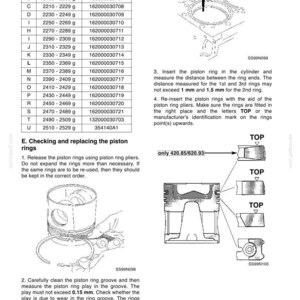May include: A technical manual page titled 2007-42, E. Checking and replacing the piston rings. It includes a weight reference table, diagrams of a piston and rings, and instructions for measuring ring gaps and installing rings with the TOP mark upward.
