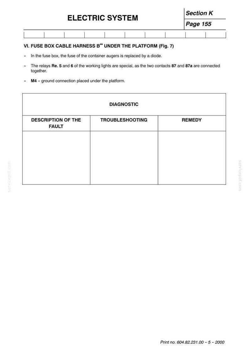 May include: A technical diagram titled "ELECTRIC SYSTEM" with text detailing fuse box cable harness and diagnostic information. Includes a section labeled "DESCRIPTION OF THE FAULT". Page 155 of the manual is visible.