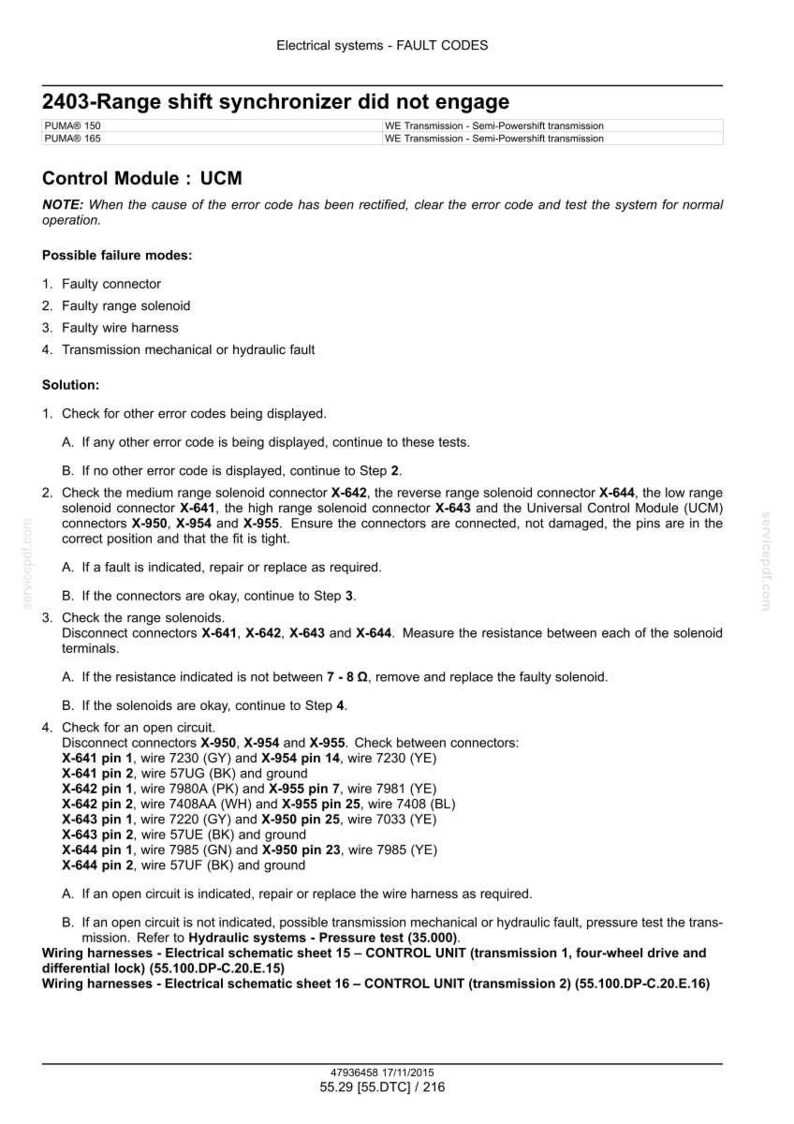 May include: A technical document detailing fault codes for electrical systems, specifically addressing the '2403-Range shift synchronizer did not engage' error. Includes troubleshooting steps, connector checks, and wiring harness information.