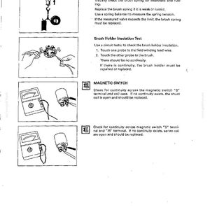 May include: A technical manual page titled ENGINE ELECTRICALS featuring four black and white diagrams. These illustrations demonstrate procedures for brush spring inspection, brush holder insulation testing, and magnetic switch continuity testing.