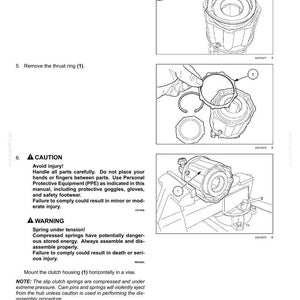 May include: Diagram of mechanical components with labels and instructions. Includes images of removing retaining rings and thrust rings. Warnings about spring tension and potential injury are also present.